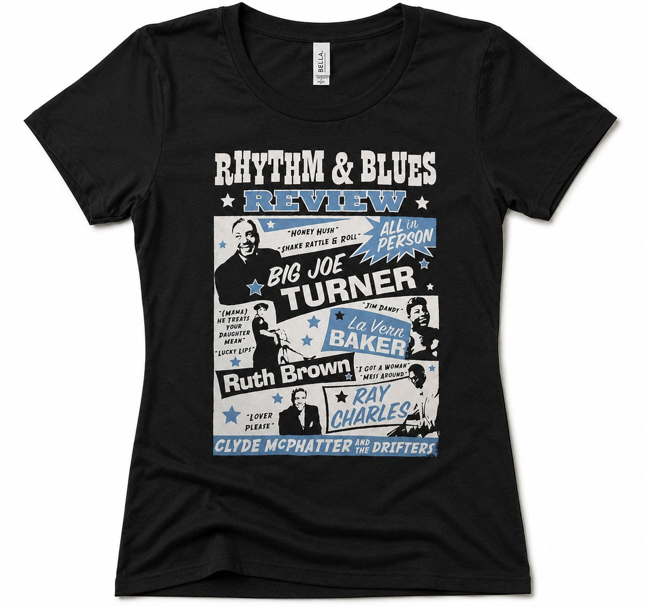 A black short-sleeve crewneck t-shirt featuring a vintage-style graphic print on the front. The graphic is themed around jazz and blues musicians, with text including 'RHYTHM & BLUES REVIEW', 'BIG JOE TURNER', 'Ruth Brown', 'RAY CHARLES', and 'CLYDE MCPHATTER AND THE DRIFTERS' in white, blue, and light gray.