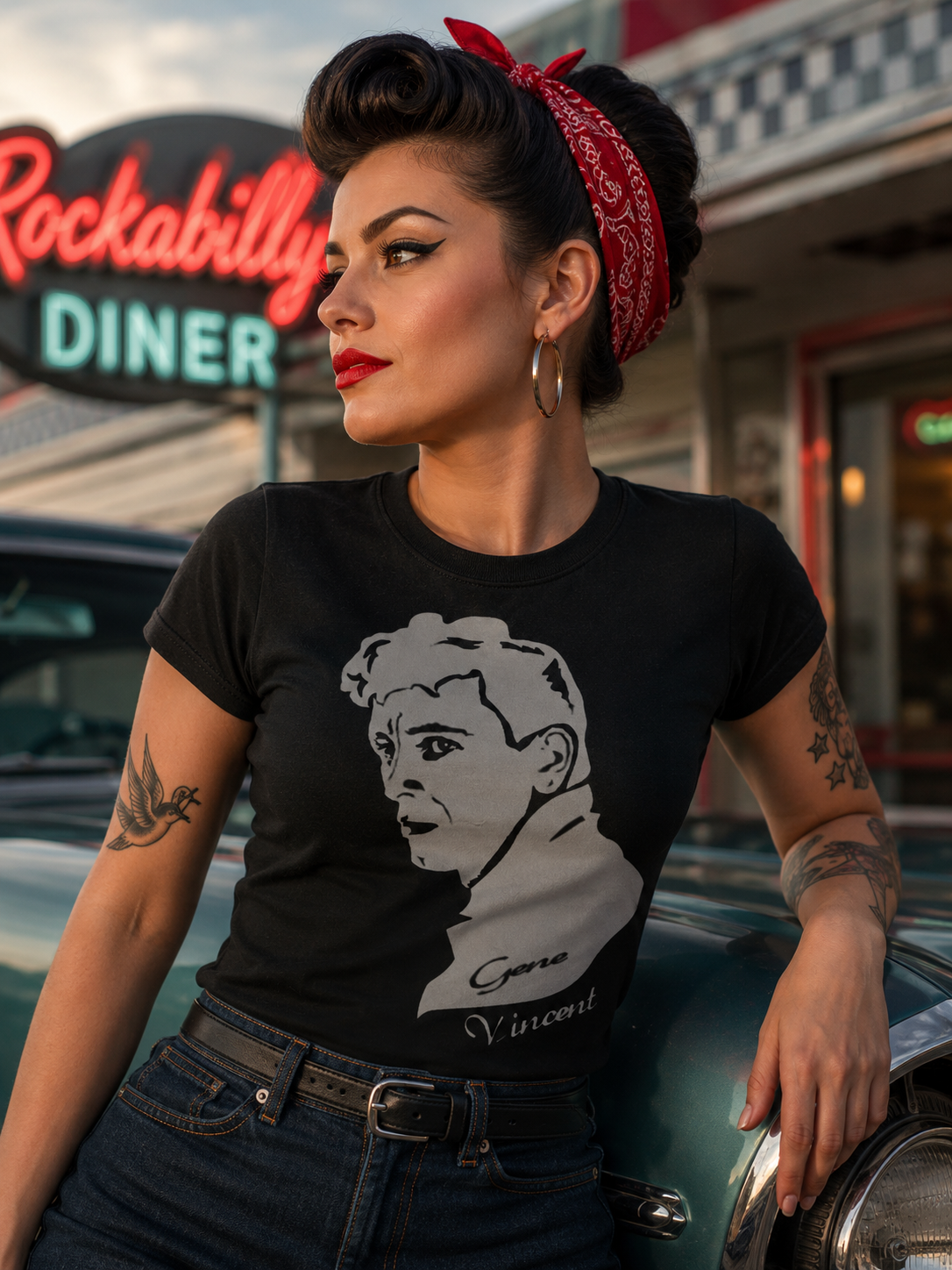 rockabilly t-shirt featuring a rockabilly girl wearing Gene Vincent t-shirt