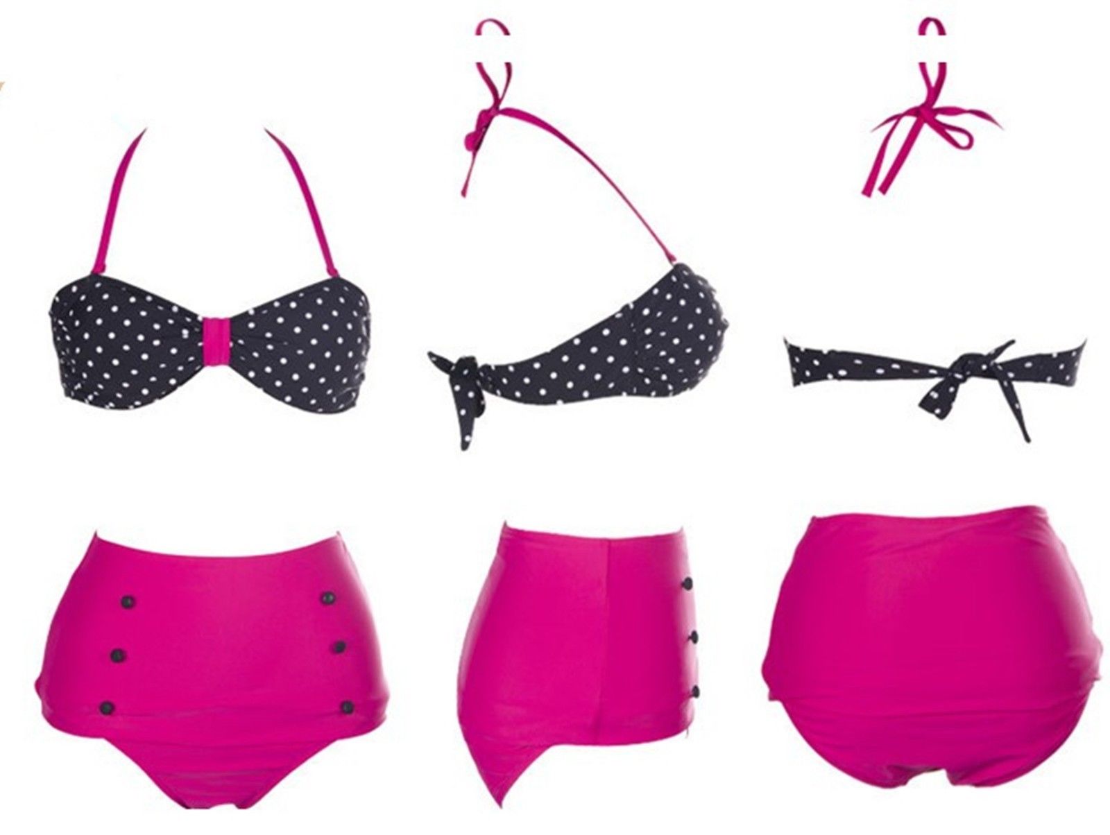 1950s Style Pink and Black High Waisted Bikini (UK12)