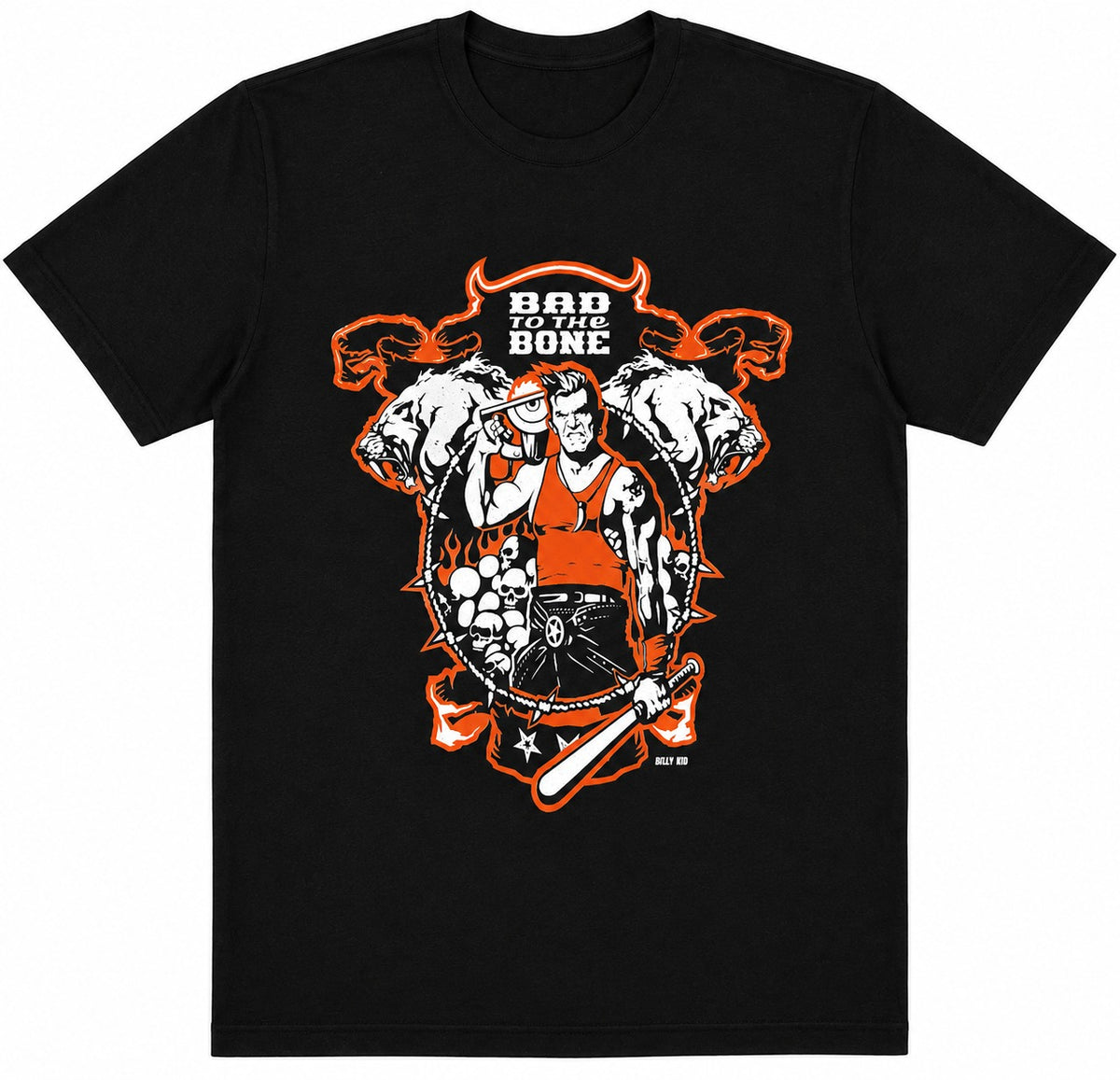 A black short-sleeve crewneck t-shirt featuring a large graphic print on the front. The graphic depicts a muscular man holding a barbell, flanked by two white skulls with horns, all framed by an orange outline and the text 'BAD BONE' at the top.