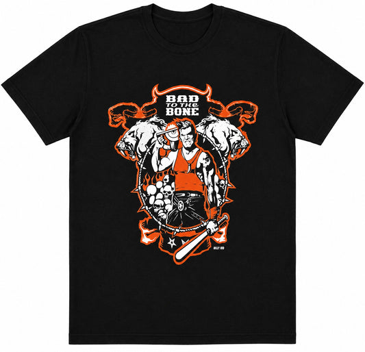 A black short-sleeve crewneck t-shirt featuring a large graphic print on the front. The graphic depicts a muscular man holding a barbell, flanked by two white skulls with horns, all framed by an orange outline and the text 'BAD BONE' at the top.