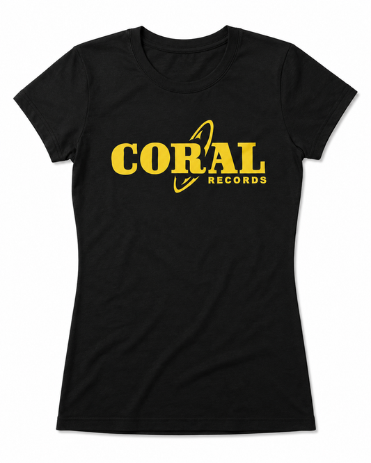 A black short-sleeve crewneck t-shirt with a yellow 'CORAL RECORDS' graphic printed on the chest, displayed against a solid white background.