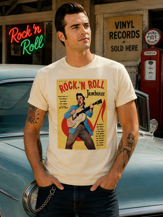 A man wearing a cream-colored graphic t-shirt with a retro 'Rock 'n Roll Jamboree' print, standing in front of a vintage light blue car with a rustic vinyl records shop background.
