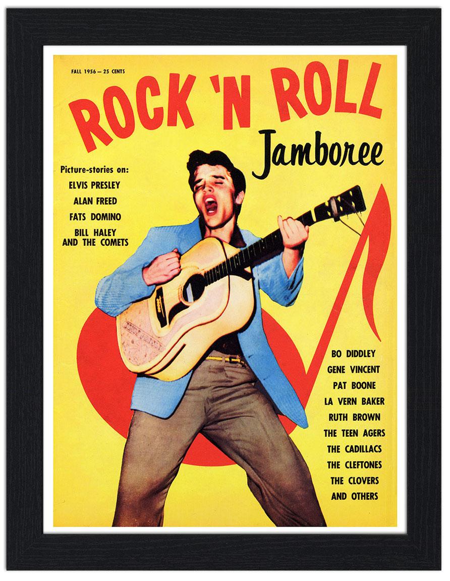 A framed vintage-style poster print featuring the text 'ROCK 'N ROLL Jamboree' with illustrated cover art of a man playing an acoustic guitar against a yellow background with red graphic elements. The print is shown in a black frame with a white mat.