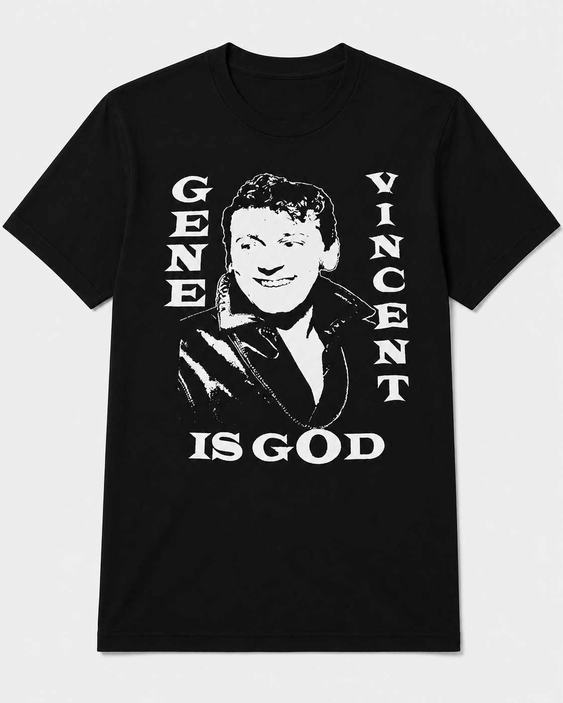 A black short-sleeve crewneck t-shirt featuring a white graphic print of Gene Vincent with the text 'GENE IS GOD' and 'VINCENT' printed vertically on either side.