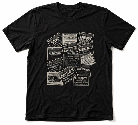 Klub Foot psychobilly t-shirt black t-shirt with flyers from the 80s.