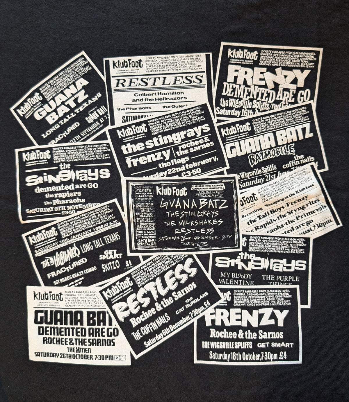 A collage of black and white vintage-style concert posters and ticket stubs featuring bands such as Guana Batz, Restless, The Stingrays, and Frenzy, arranged on a dark background.