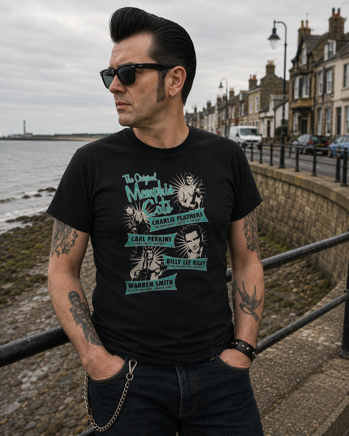 Rockabilly black cotton t-shirt with the Original Memphis Cats design in blue and white.