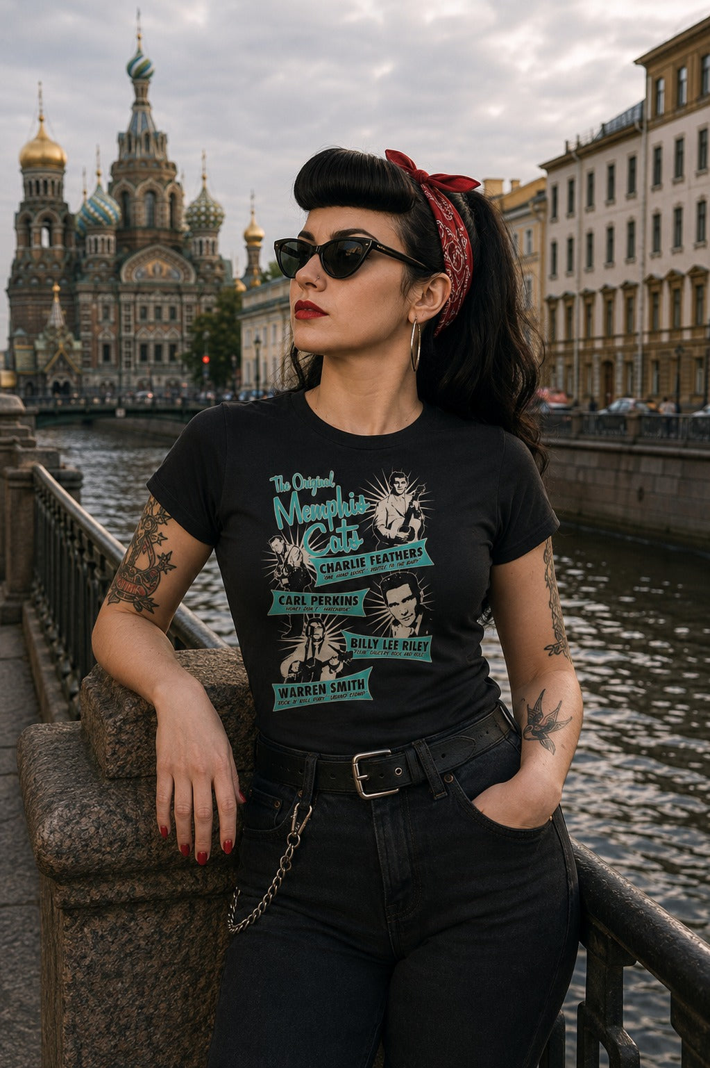 black cotton t-shirt with a female rockabilly gal