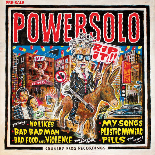 Album cover art for 'Powersolo' by Antony Johnston, featuring a colorful cartoon illustration of a man on a donkey with a guitar, surrounded by urban scenery, with bold red and yellow text.