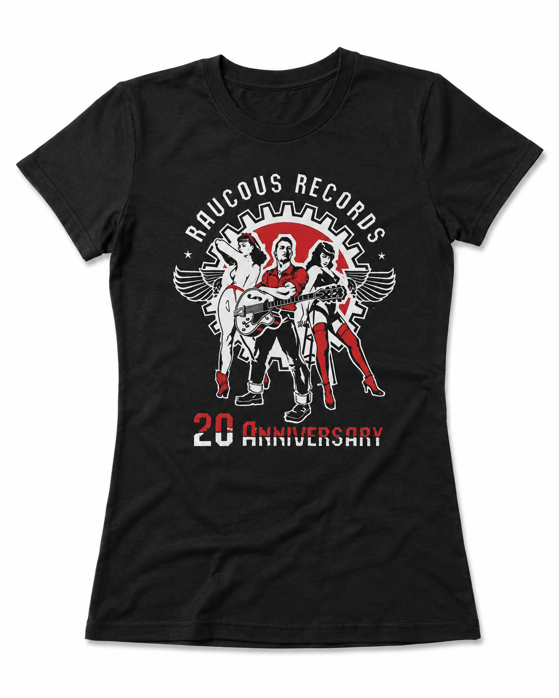 A black short-sleeve t-shirt with a graphic print celebrating 'Raucous Records 20 Anniversary'. The graphic features a red circular gear, white stylized figures, and red and white text.