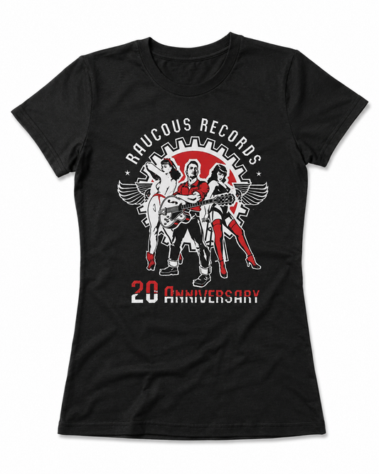 A black short-sleeve t-shirt with a graphic print celebrating 'Raucous Records 20 Anniversary'. The graphic features a red circular gear, white stylized figures, and red and white text.
