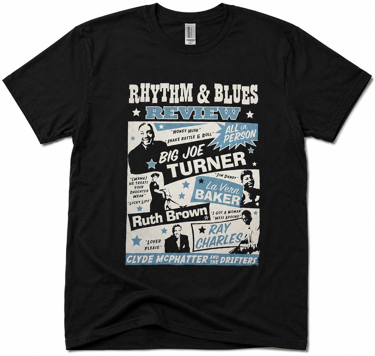 Black cotton t-shirt with the Rhythm and Blues Review design 