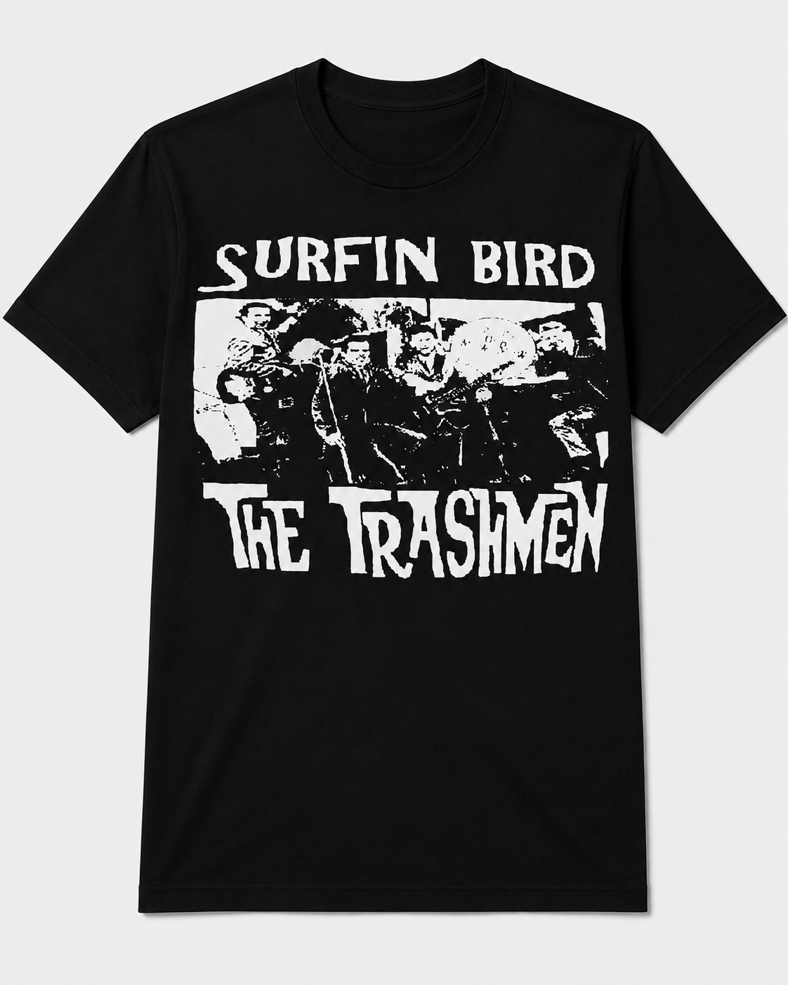 A black short-sleeve crewneck t-shirt featuring a white graphic print of the band Surfin' Bird / The Trashmen with a stylized band photo in the center.