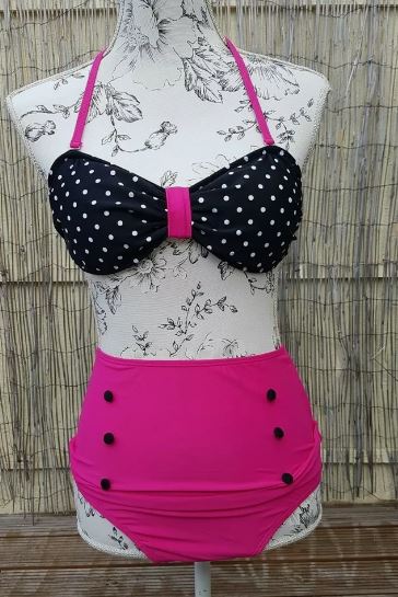 1950s Style Pink and Black High Waisted Bikini (UK12)