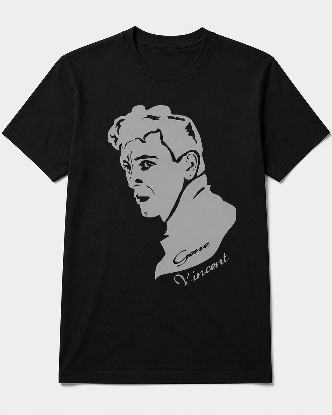 A black short-sleeve crewneck t-shirt featuring a stylized gray graphic portrait of Gene Vincent on the front, with 'Gene Vincent' written in script below.