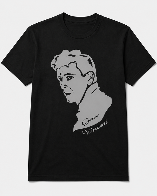 A black short-sleeve crewneck t-shirt featuring a stylized gray graphic portrait of Gene Vincent on the front, with 'Gene Vincent' written in script below.