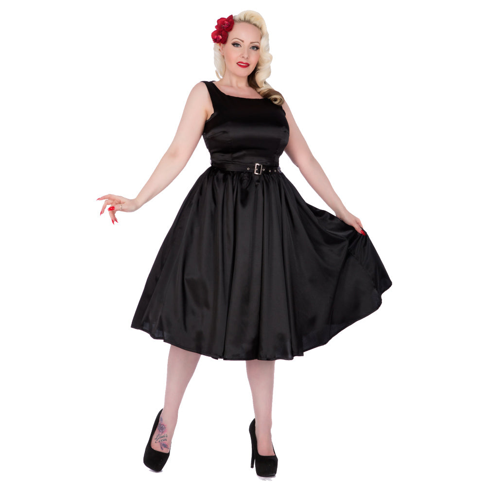 Rose Black Satin 50s Style Swing Dress