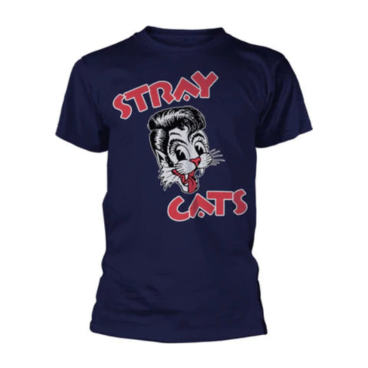 Navy blue t-shirt with a cartoon cat and 'Stray Cats' text on a white background
