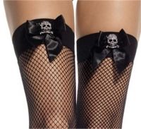 Fishnet Hold Ups with Satin Bows and Rhinestone Skull  Leg Avenue 9087