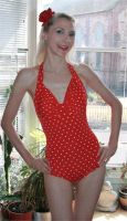 Polka Dot Pin Up One Piece 1950s style Bathing Swimsuit