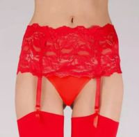 Red lace suspender belt with built in thong at Retro Vixens.
