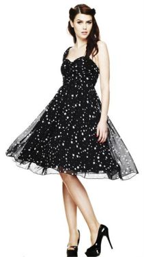 Starry Night Black Swing Dress size UK8 Hell Bunny at Retro Vixens Raucous Records.