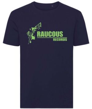 Raucous Records Guitar Logo black rockabilly T-Shirt at Raucous Records.