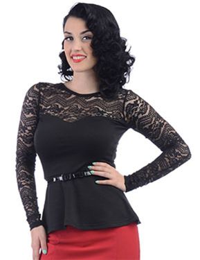 Bloom Black Lace Top with Belt at Retro Vixens