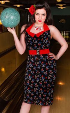 Atomic 1950s print Pin Up Wiggle Dress Miss Fortune at Retro Vixens
