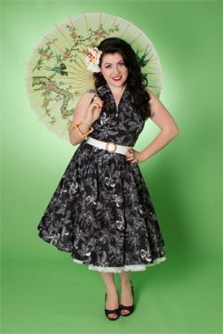 Lola Black Hawaiian Print Swing Dress by Miss Fortune at Retro Vixens