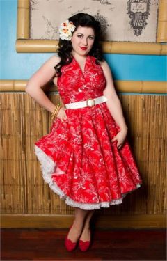 Lola Red Hawaiian Print Swing Dress by Miss Fortune at Retro Vixens