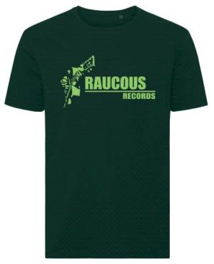 Raucous Records green  t-shirt Rockabilly guitar logo at Raucous Records.
