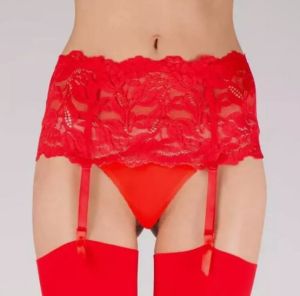 Red lace suspender belt with built in thong at Retro Vixens.