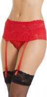 Wide red lace suspender belt.