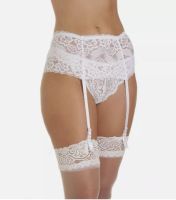 Silky wide white lace suspender belt at Retro Vixens.